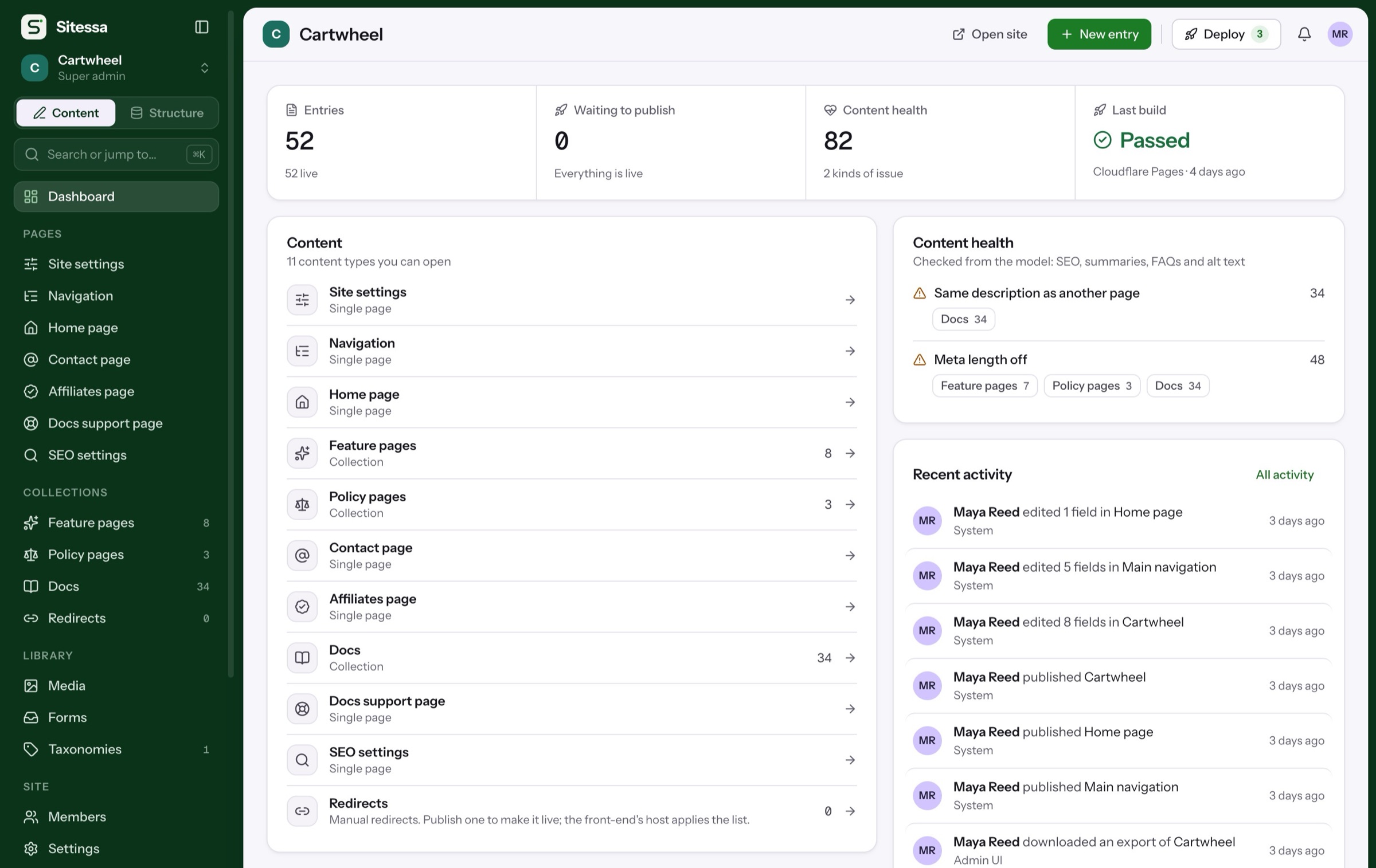 Cartwheel dashboard: 52 entries, 11 content types