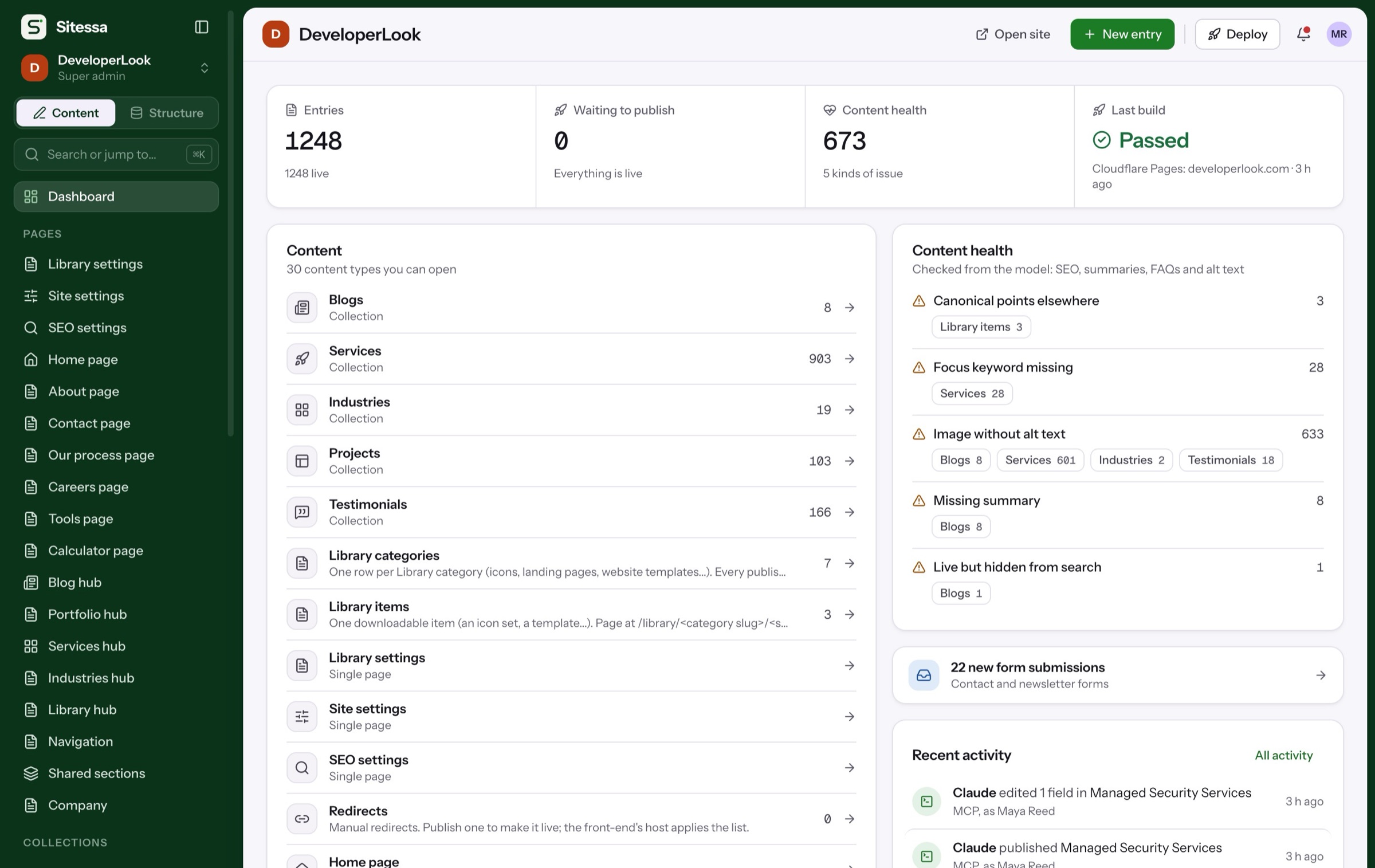 DeveloperLook dashboard: 1,248 entries, 30 content types, last build passed